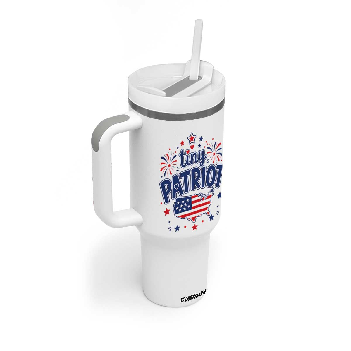 Tiny Patriot 4th of July Fireworks Tumbler With Handle USA Map American Flag Red White and Blue Patriotic Holiday