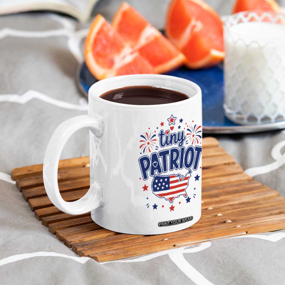 Tiny Patriot 4th of July Fireworks Coffee Mug USA Map American Flag Red White and Blue Patriotic Holiday