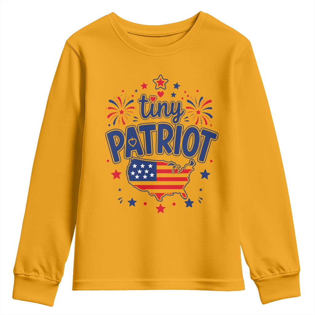 Tiny Patriot 4th of July Fireworks Youth Sweatshirt USA Map American Flag Red White and Blue Patriotic Holiday
