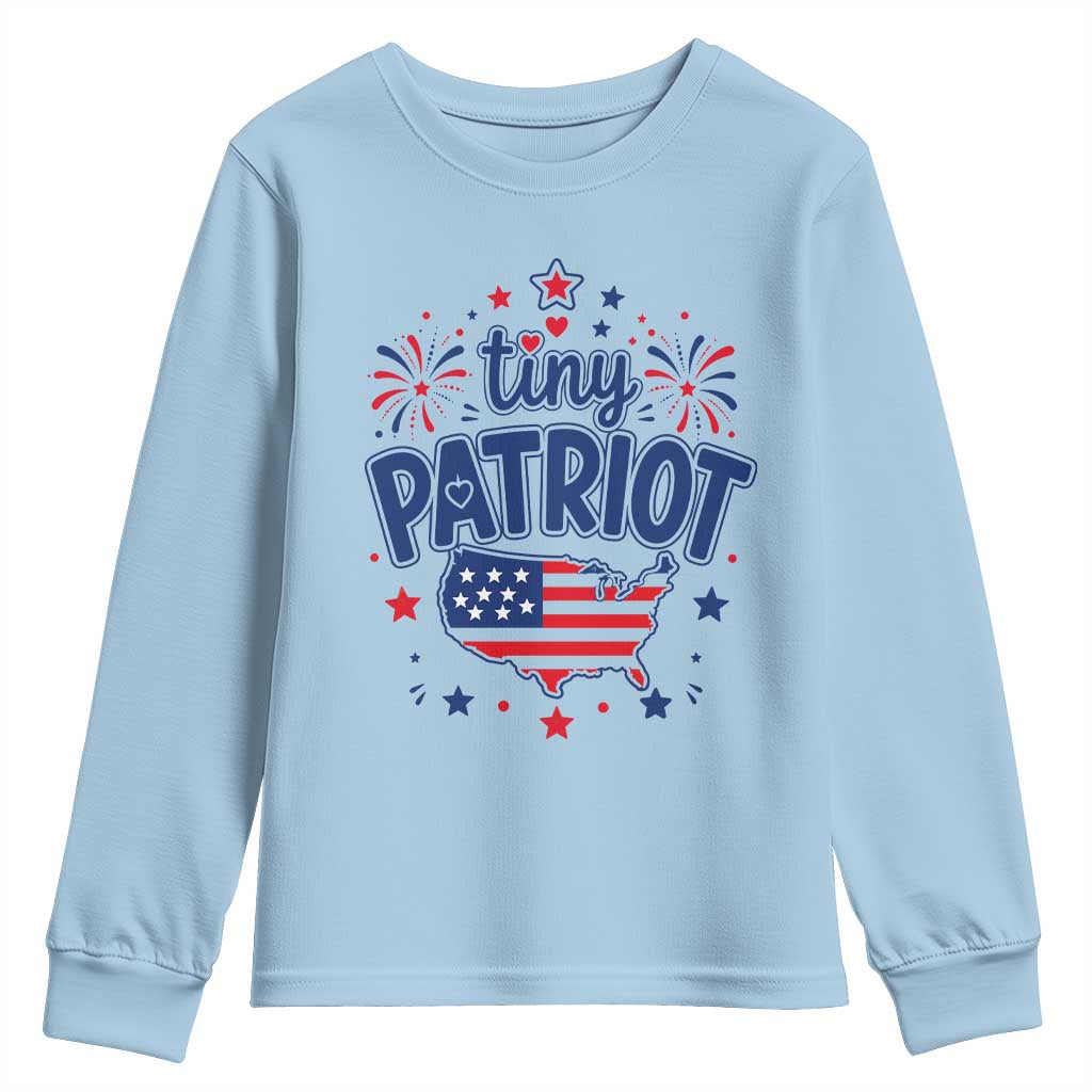 Tiny Patriot 4th of July Fireworks Youth Sweatshirt USA Map American Flag Red White and Blue Patriotic Holiday
