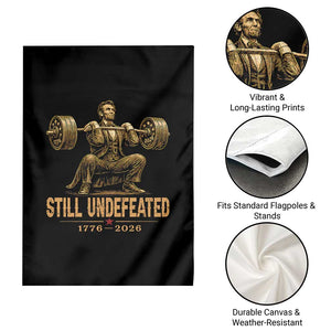 Funny Abraham Lincoln Squatting Barbell Semiquincentennial Garden Flag Still Undefeated 1776 to 2026 Muscular President Gym Bodybuilder