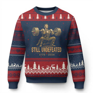 Funny Abraham Lincoln Squatting Barbell Semiquincentennial Ugly Christmas Sweater Still Undefeated 1776 to 2026 Muscular President Gym Bodybuilder