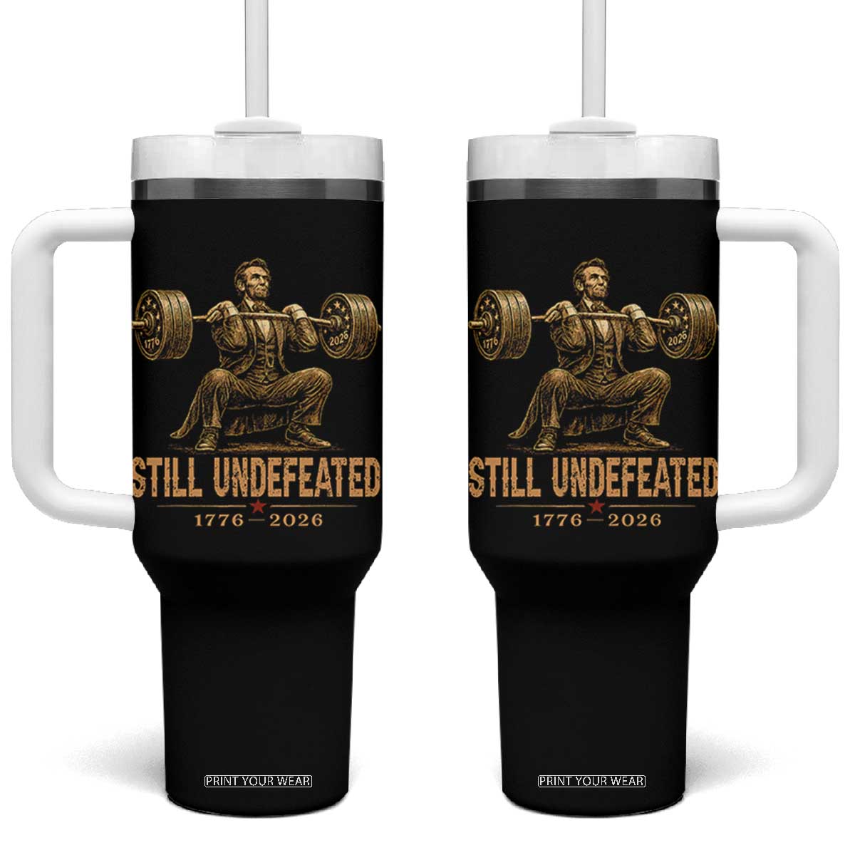 Funny Abraham Lincoln Squatting Barbell Semiquincentennial Tumbler With Handle Still Undefeated 1776 to 2026 Muscular President Gym Bodybuilder