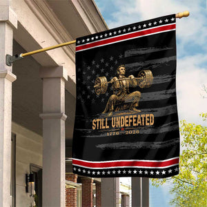 Funny Abraham Lincoln Squatting Barbell Semiquincentennial Patriotic Garden Flag Still Undefeated 1776 to 2026 Muscular President Gym Bodybuilder