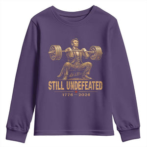 Funny Abraham Lincoln Squatting Barbell Semiquincentennial Youth Sweatshirt Still Undefeated 1776 to 2026 Muscular President Gym Bodybuilder