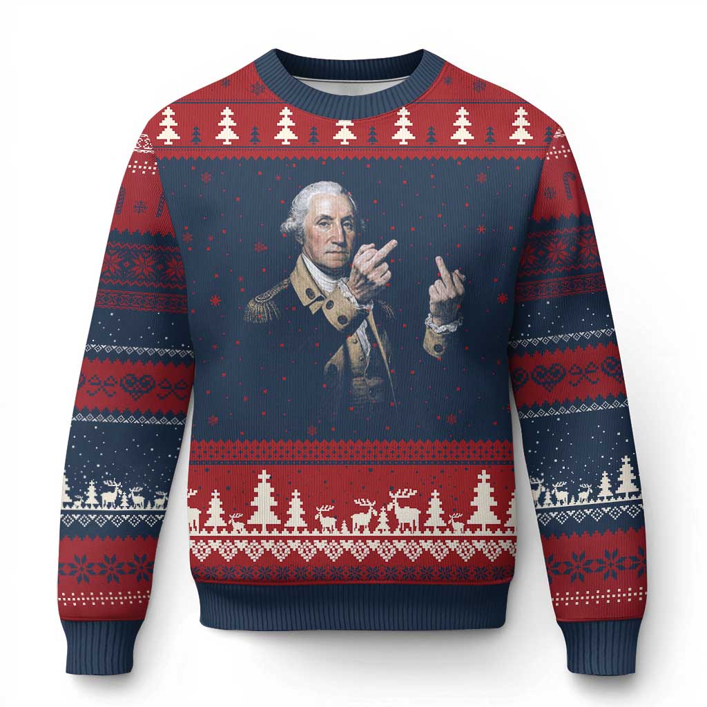 Funny George Washington Middle Fingers Rebel Portrait Ugly Christmas Sweater Edgy Classic Oil Painting Parody Patriotic Humor Graphic TS02 Navy Red Print Your Wear