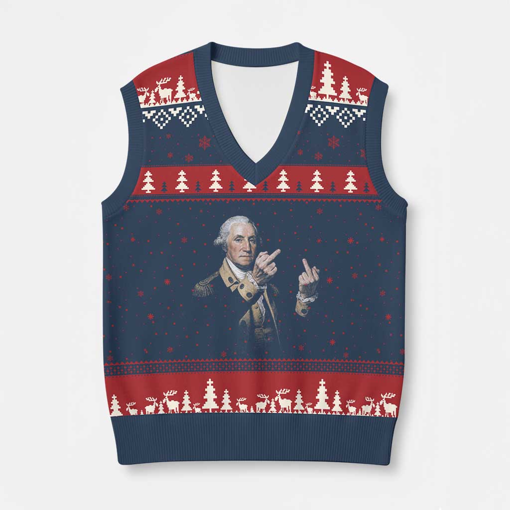 Funny George Washington Middle Fingers Rebel Portrait V-Neck Knit Sweater Vest Edgy Classic Oil Painting Parody Patriotic Humor Graphic