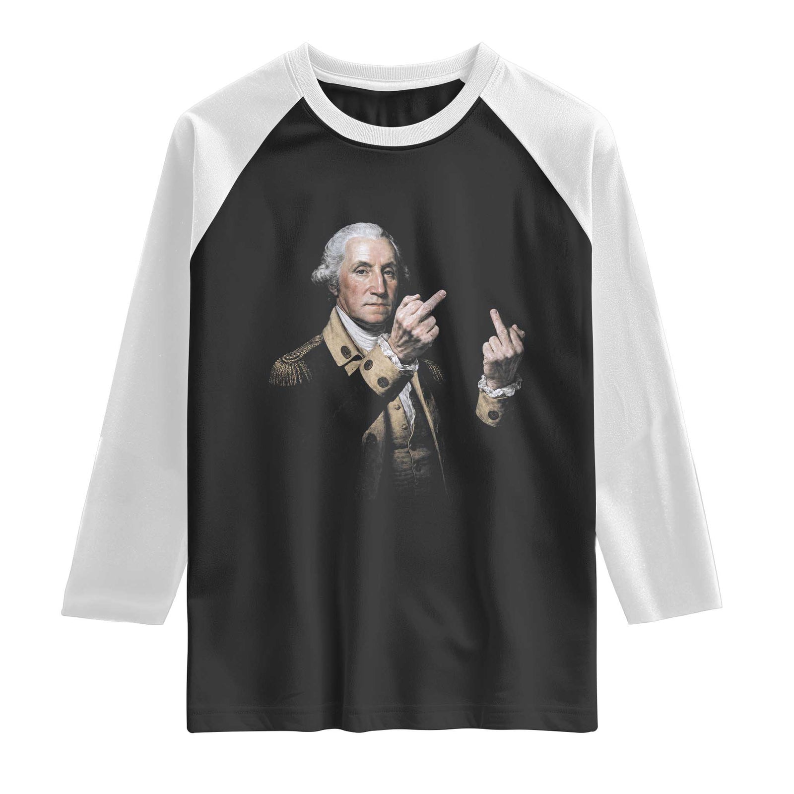 Funny George Washington Middle Fingers Rebel Portrait Raglan Shirt Edgy Classic Oil Painting Parody Patriotic Humor Graphic TS02 Black White Print Your Wear