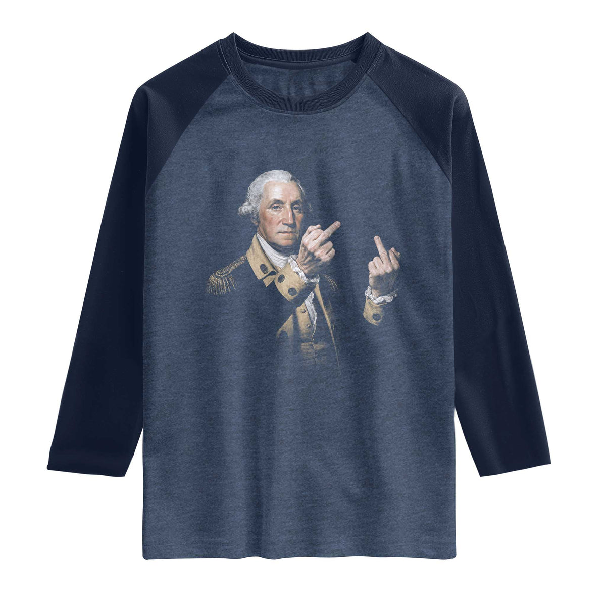 Funny George Washington Middle Fingers Rebel Portrait Raglan Shirt Edgy Classic Oil Painting Parody Patriotic Humor Graphic