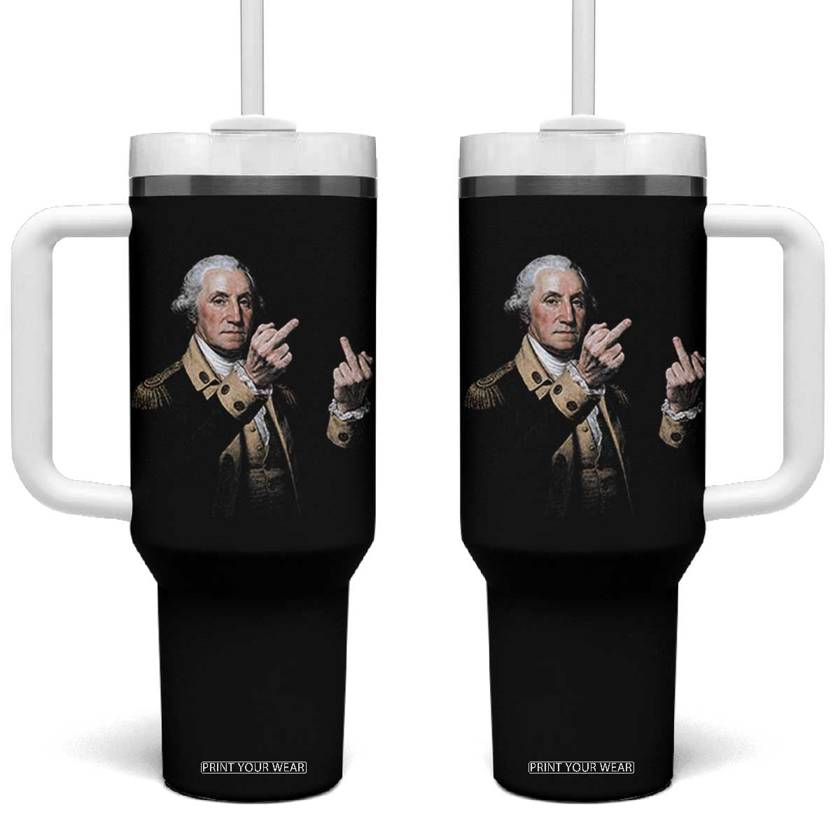 Funny George Washington Middle Fingers Rebel Portrait Tumbler With Handle Edgy Classic Oil Painting Parody Patriotic Humor Graphic