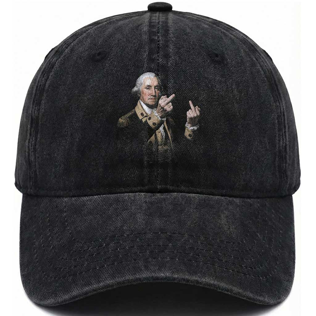 Funny George Washington Middle Fingers Rebel Portrait Washed Cotton Baseball Cap Edgy Classic Oil Painting Parody Patriotic Humor Graphic