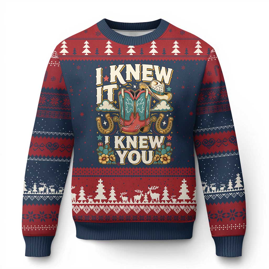 Retro Coastal Cowgirl I Knew It I Knew You Ugly Christmas Sweater Pink Boots Vintage Country Pop Music Western Floral Graphic