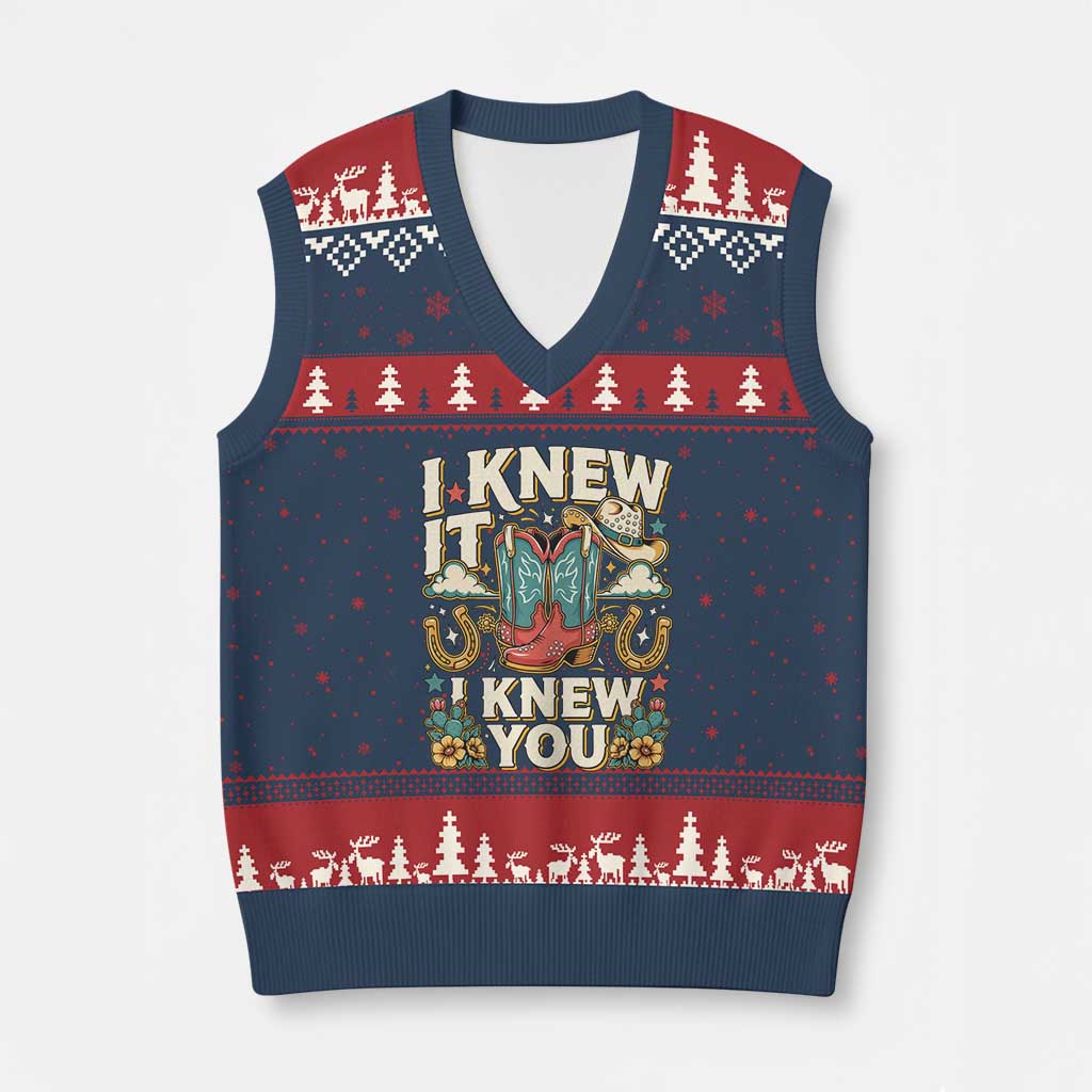 Retro Coastal Cowgirl I Knew It I Knew You V-Neck Knit Sweater Vest Pink Boots Vintage Country Pop Music Western Floral Graphic
