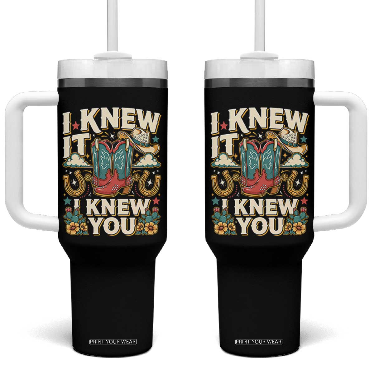 Retro Coastal Cowgirl I Knew It I Knew You Tumbler With Handle Pink Boots Vintage Country Pop Music Western Floral Graphic
