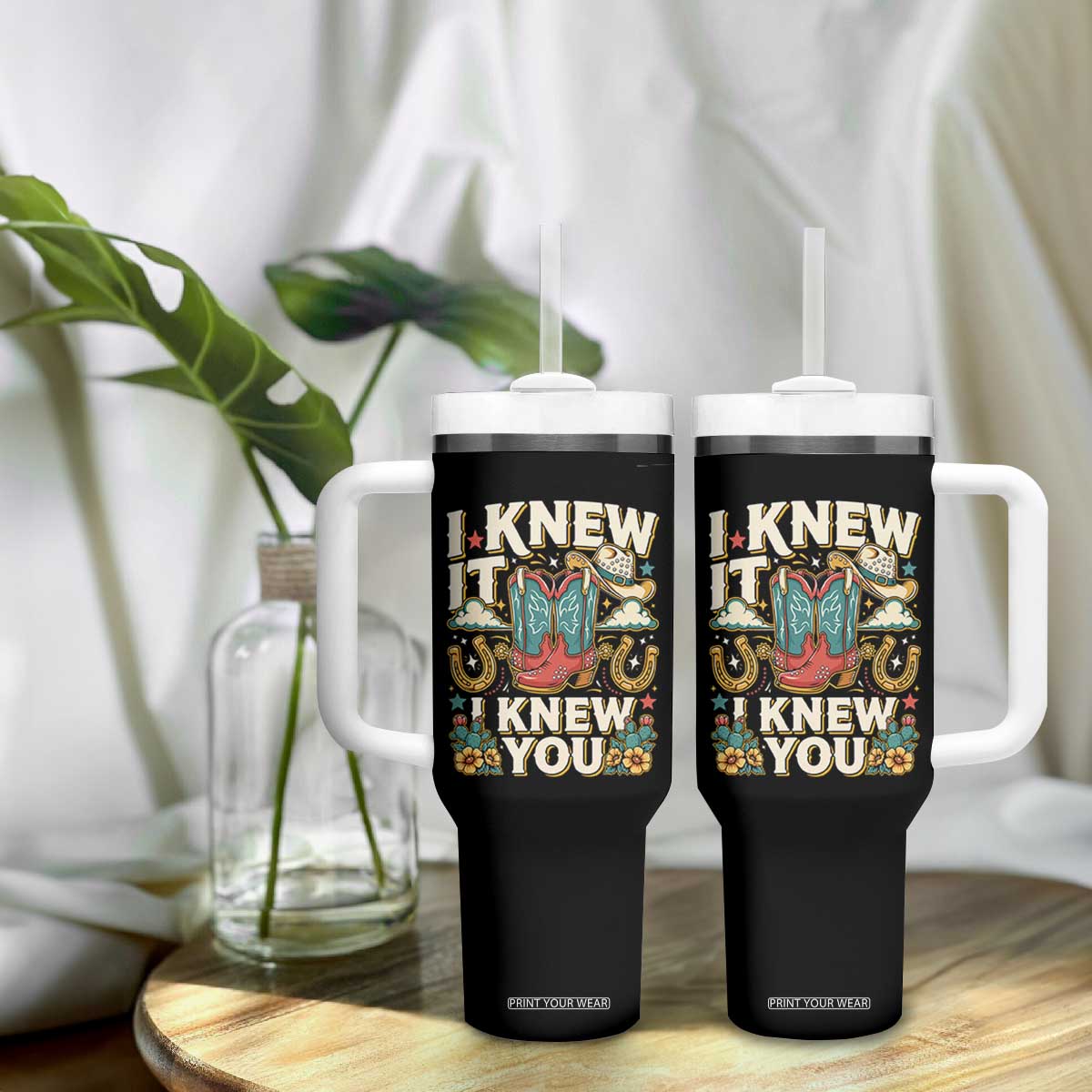 Retro Coastal Cowgirl I Knew It I Knew You Tumbler With Handle Pink Boots Vintage Country Pop Music Western Floral Graphic