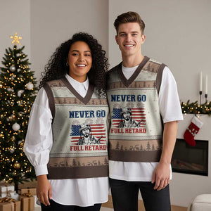 Never Go Full Retard Funny 4th of July Soldier Quote V-Neck Knit Sweater Vest Patriotic American Flag Fireworks Dark Humor