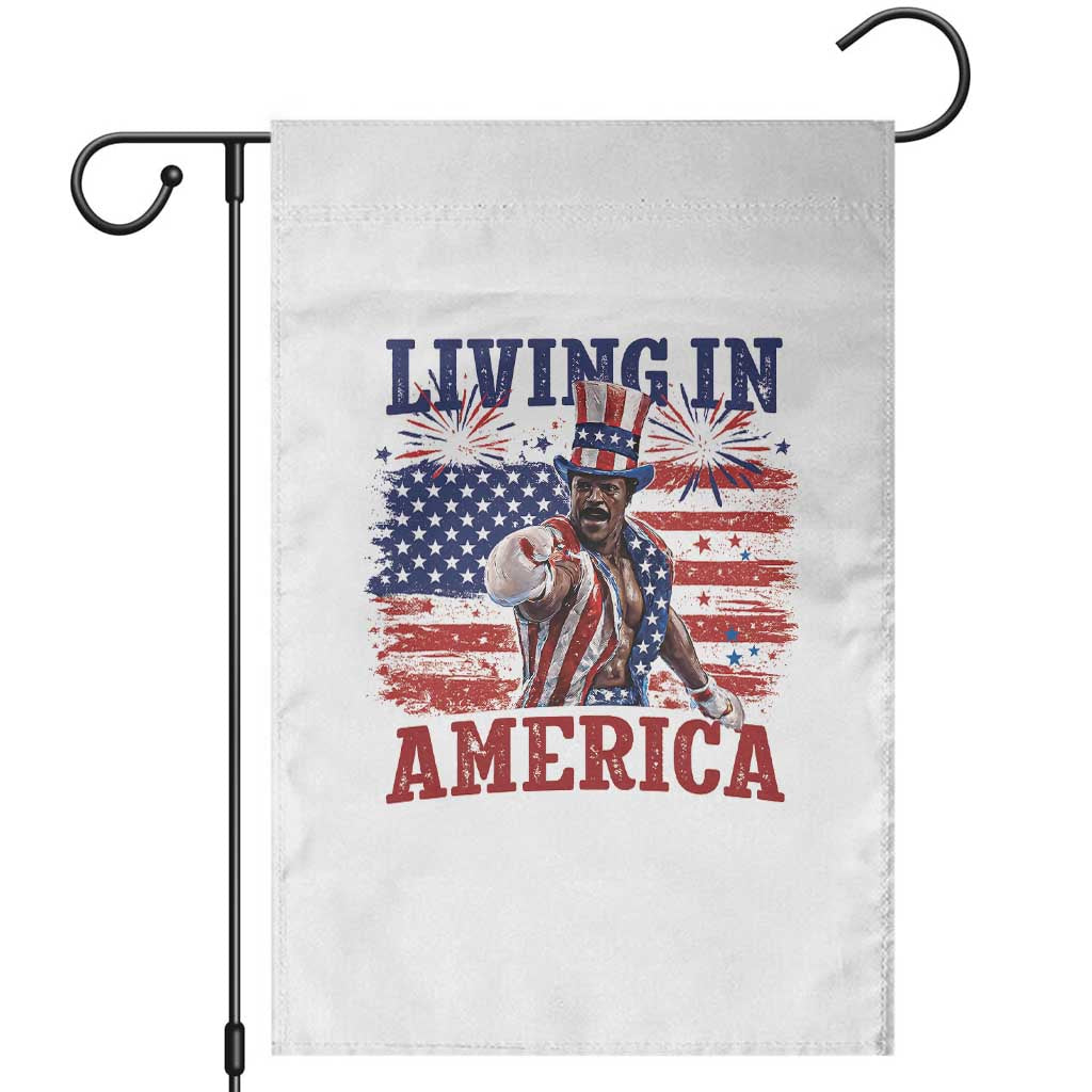 Living In America Funny Patriotic Heavyweight Boxer Garden Flag Vintage Distressed Flag Uncle Sam Hat Boxing Champion