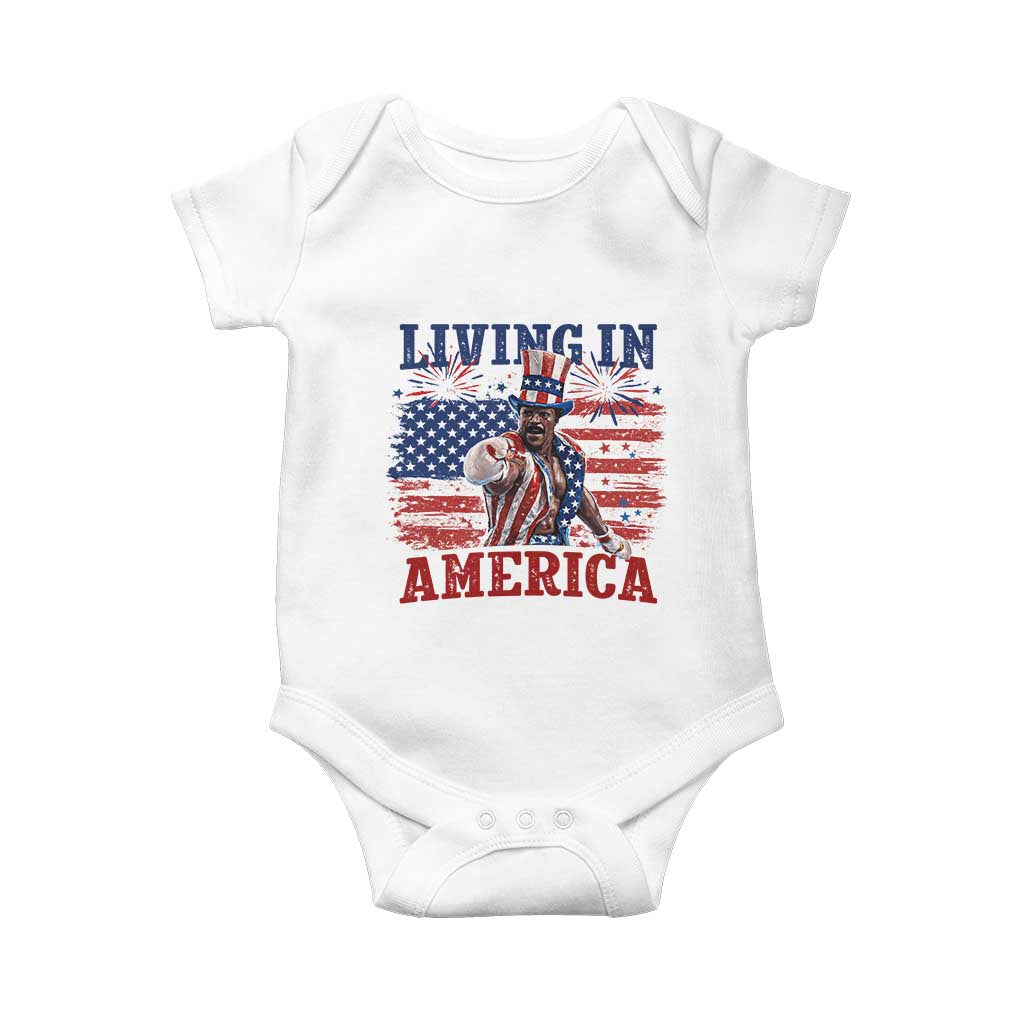 Living In America Funny Patriotic Heavyweight Boxer Baby Onesie Vintage Distressed Flag Uncle Sam Hat Boxing Champion