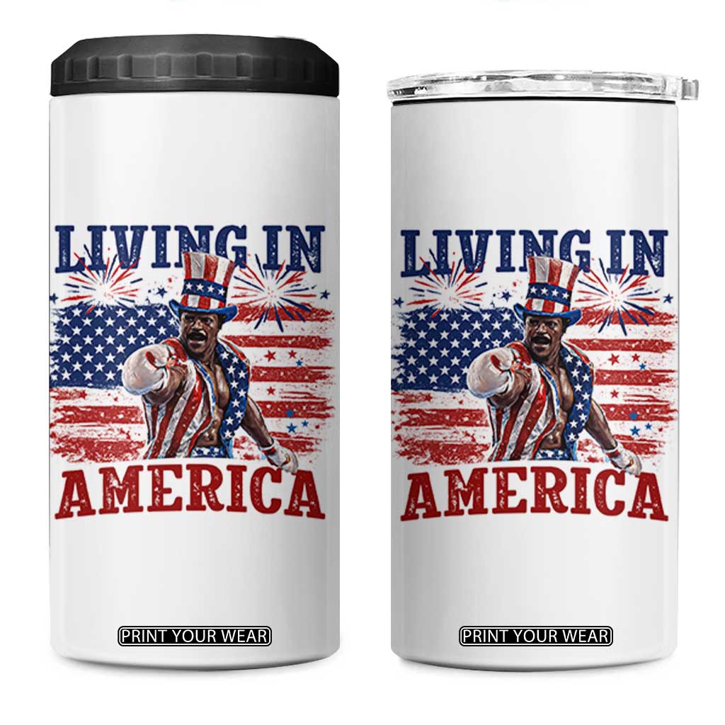 Living In America Funny Patriotic Heavyweight Boxer 4 in 1 Can Cooler Tumbler Vintage Distressed Flag Uncle Sam Hat Boxing Champion
