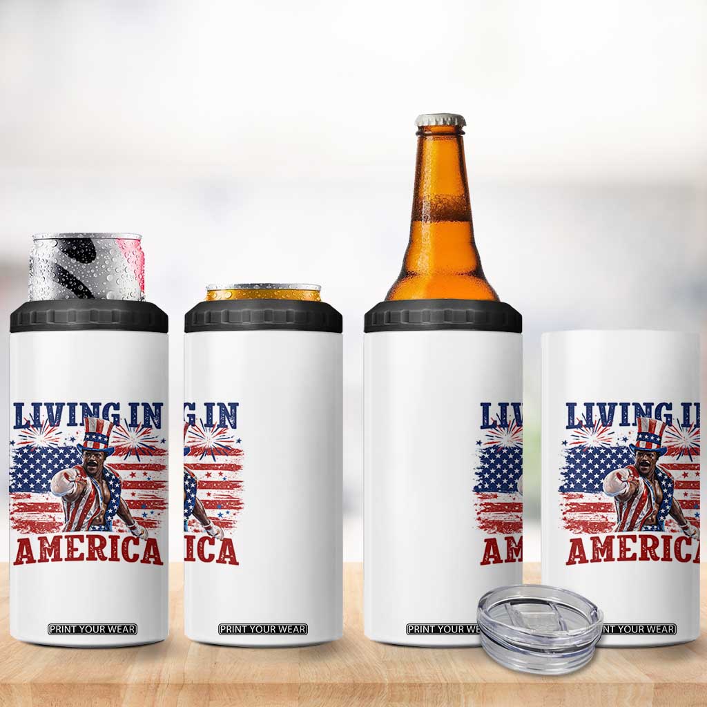 Living In America Funny Patriotic Heavyweight Boxer 4 in 1 Can Cooler Tumbler Vintage Distressed Flag Uncle Sam Hat Boxing Champion