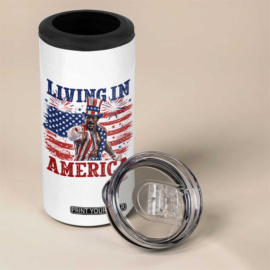 Living In America Funny Patriotic Heavyweight Boxer 4 in 1 Can Cooler Tumbler Vintage Distressed Flag Uncle Sam Hat Boxing Champion