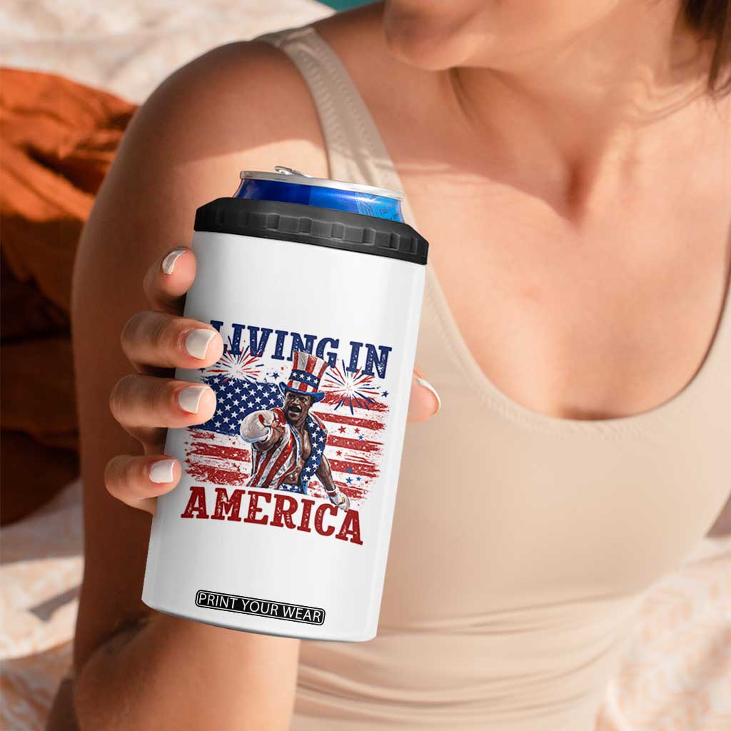 Living In America Funny Patriotic Heavyweight Boxer 4 in 1 Can Cooler Tumbler Vintage Distressed Flag Uncle Sam Hat Boxing Champion