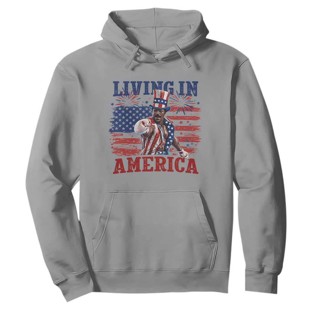 Living In America Funny Patriotic Heavyweight Boxer Hoodie Vintage Distressed Flag Uncle Sam Hat Boxing Champion