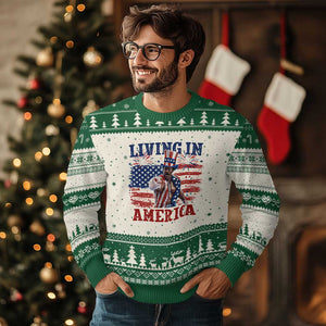 Living In America Funny Patriotic Heavyweight Boxer Ugly Christmas Sweater Vintage Distressed Flag Uncle Sam Hat Boxing Champion