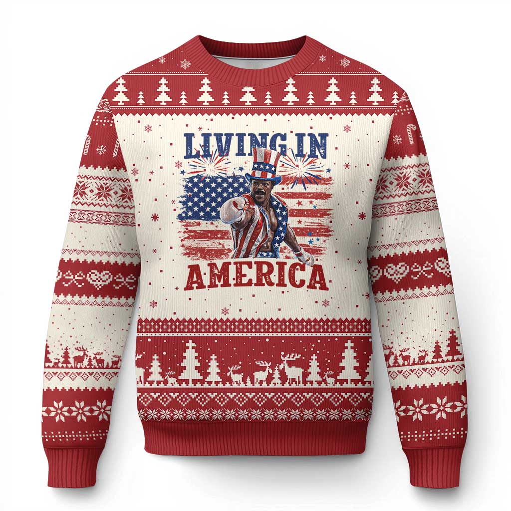 Living In America Funny Patriotic Heavyweight Boxer Ugly Christmas Sweater Vintage Distressed Flag Uncle Sam Hat Boxing Champion TS02 Beige Red Print Your Wear