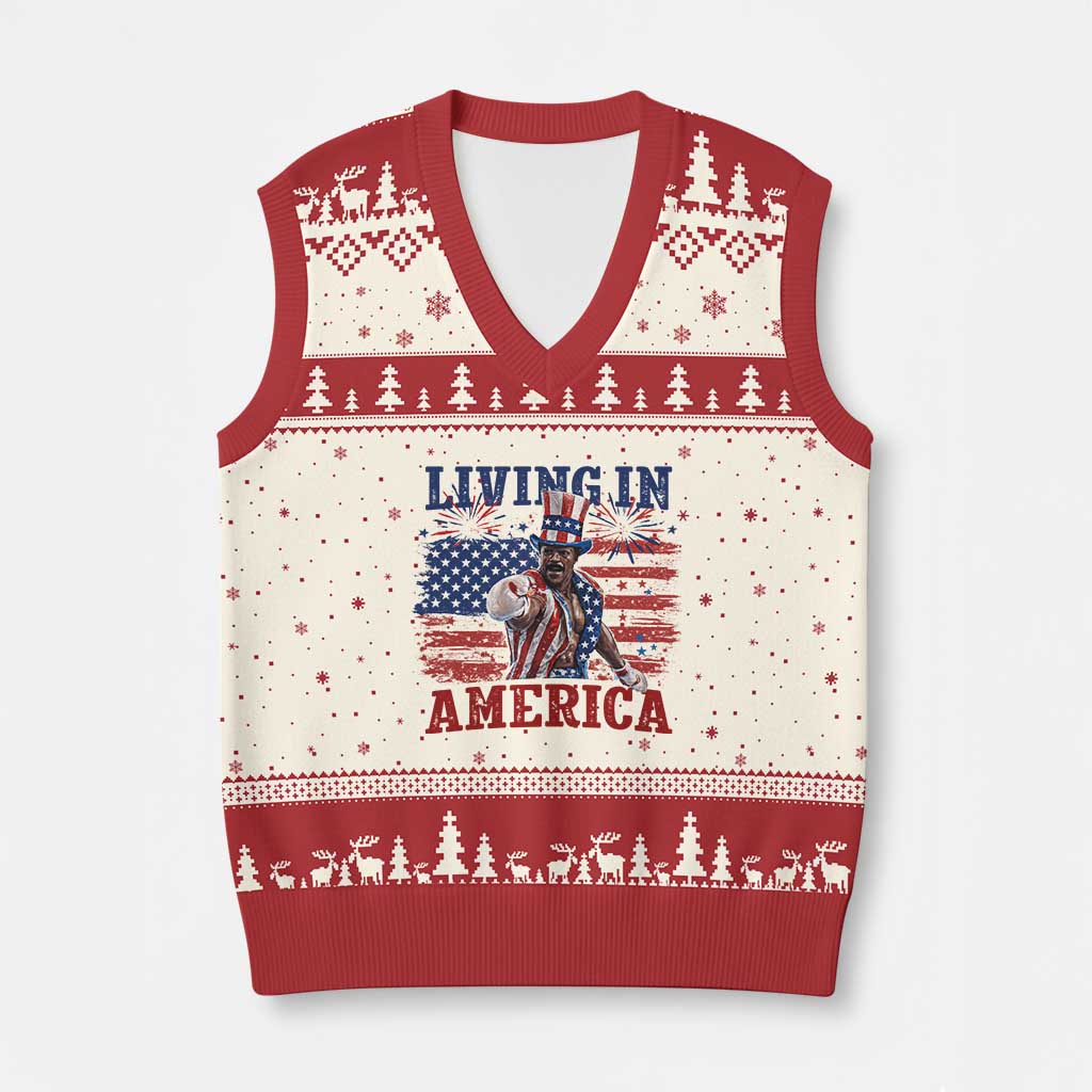 Living In America Funny Patriotic Heavyweight Boxer V-Neck Knit Sweater Vest Vintage Distressed Flag Uncle Sam Hat Boxing Champion