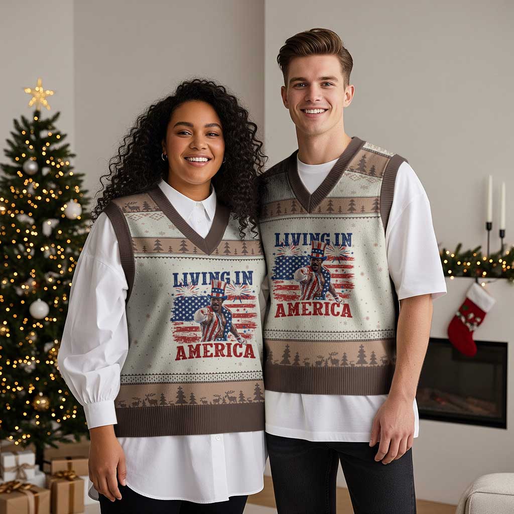 Living In America Funny Patriotic Heavyweight Boxer V-Neck Knit Sweater Vest Vintage Distressed Flag Uncle Sam Hat Boxing Champion