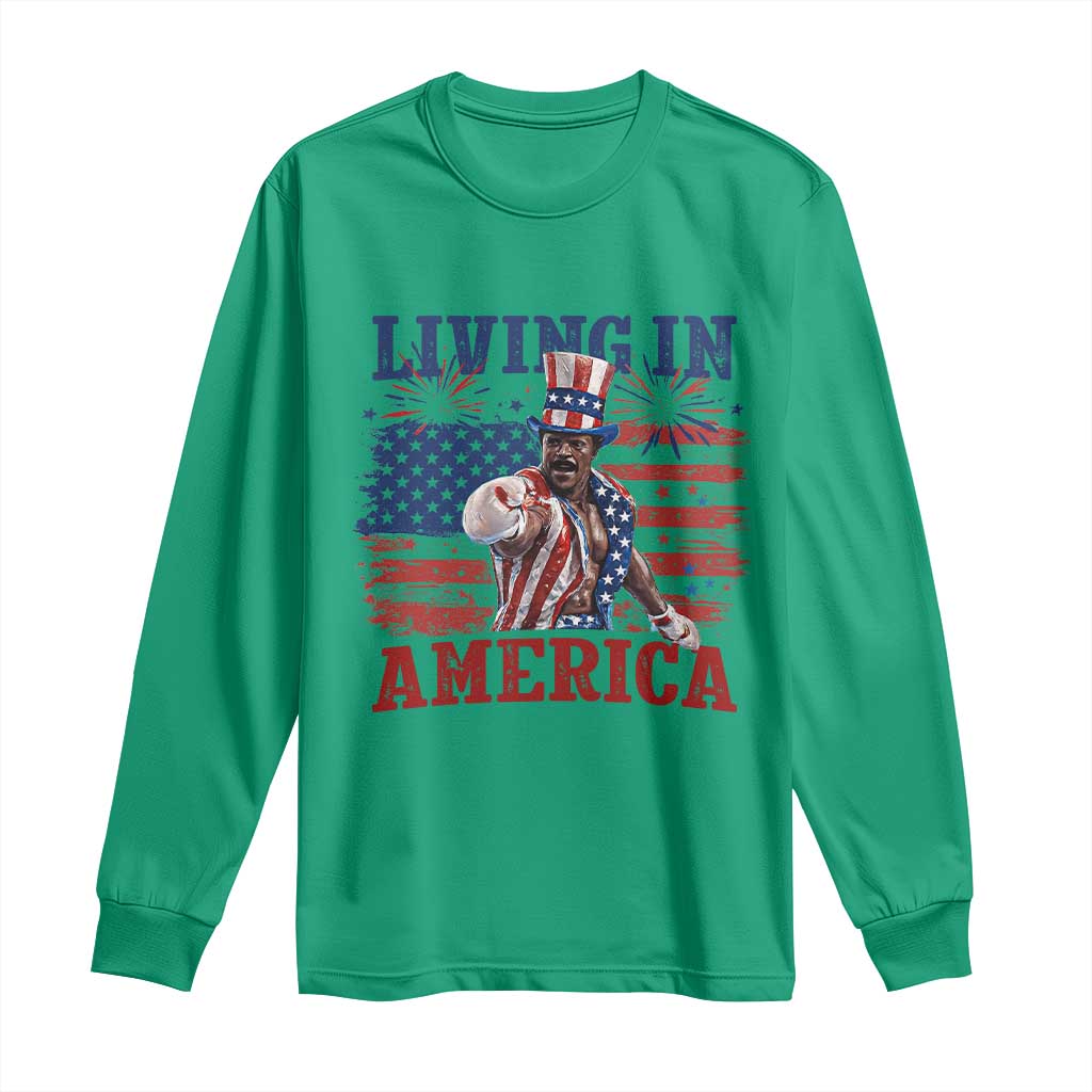 Living In America Funny Patriotic Heavyweight Boxer Long Sleeve Shirt Vintage Distressed Flag Uncle Sam Hat Boxing Champion