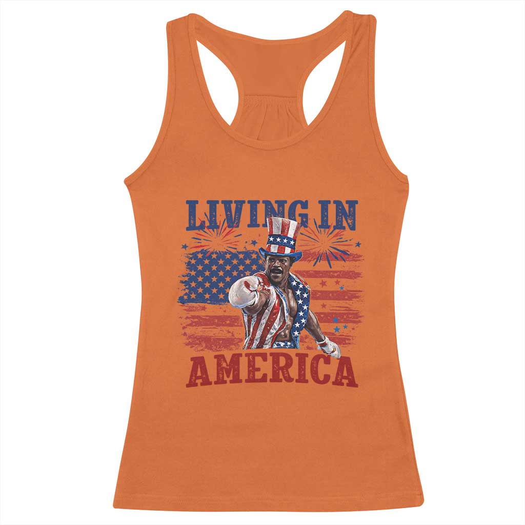 Living In America Funny Patriotic Heavyweight Boxer Racerback Tank Top Vintage Distressed Flag Uncle Sam Hat Boxing Champion