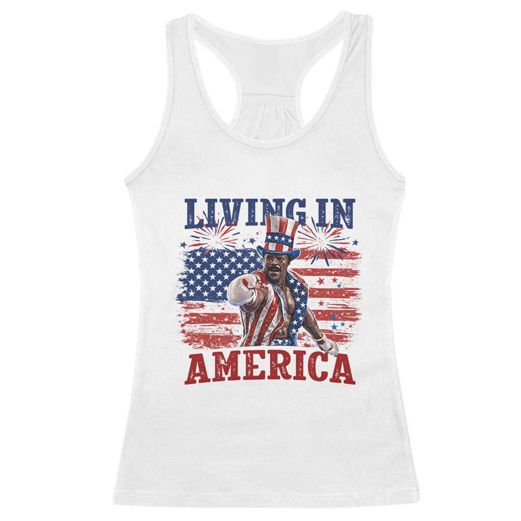 Living In America Funny Patriotic Heavyweight Boxer Racerback Tank Top Vintage Distressed Flag Uncle Sam Hat Boxing Champion