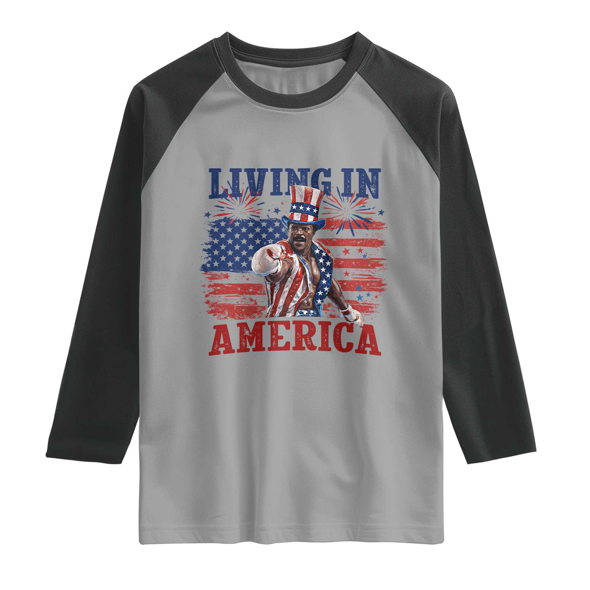 Living In America Funny Patriotic Heavyweight Boxer Raglan Shirt Vintage Distressed Flag Uncle Sam Hat Boxing Champion