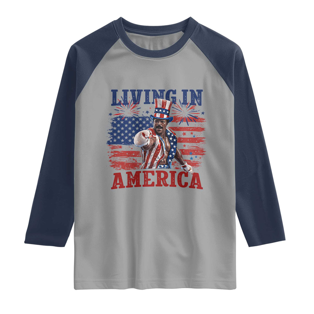 Living In America Funny Patriotic Heavyweight Boxer Raglan Shirt Vintage Distressed Flag Uncle Sam Hat Boxing Champion