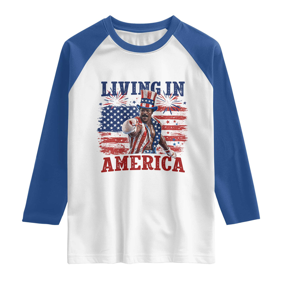 Living In America Funny Patriotic Heavyweight Boxer Raglan Shirt Vintage Distressed Flag Uncle Sam Hat Boxing Champion