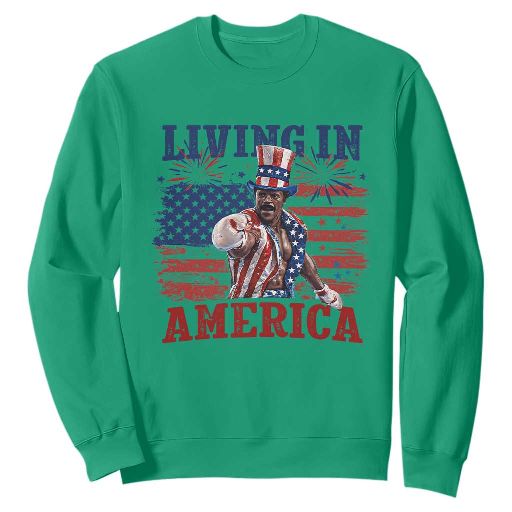 Living In America Funny Patriotic Heavyweight Boxer Sweatshirt Vintage Distressed Flag Uncle Sam Hat Boxing Champion