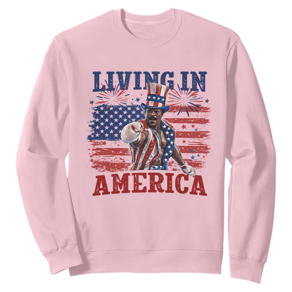 Living In America Funny Patriotic Heavyweight Boxer Sweatshirt Vintage Distressed Flag Uncle Sam Hat Boxing Champion