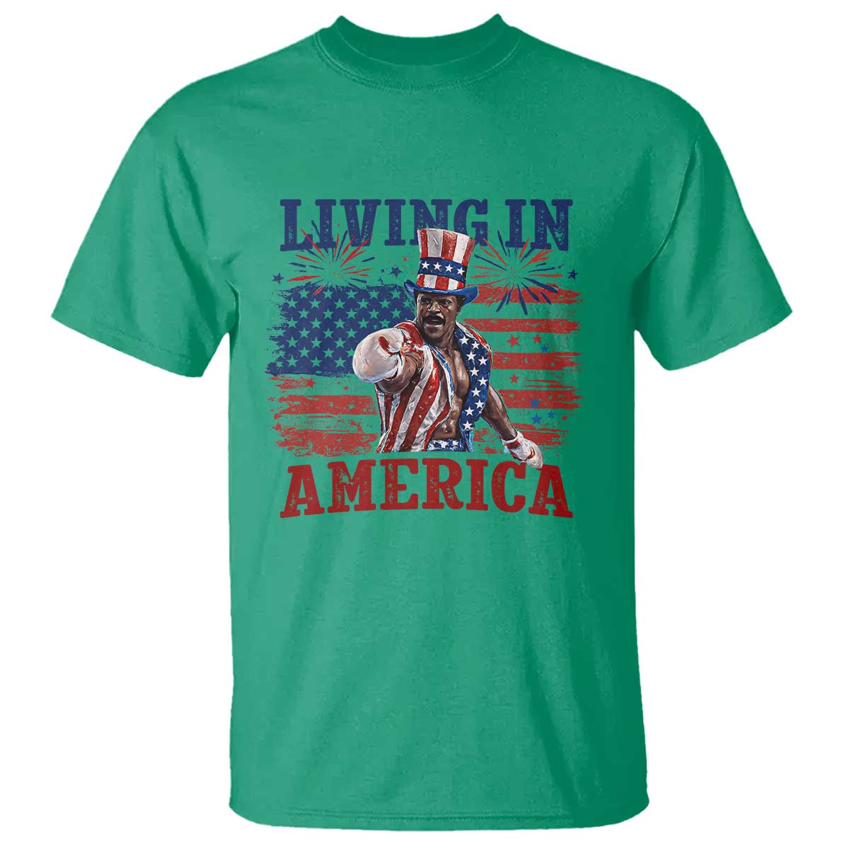 Living In America Funny Patriotic Heavyweight Boxer T Shirt Vintage Distressed Flag Uncle Sam Hat Boxing Champion