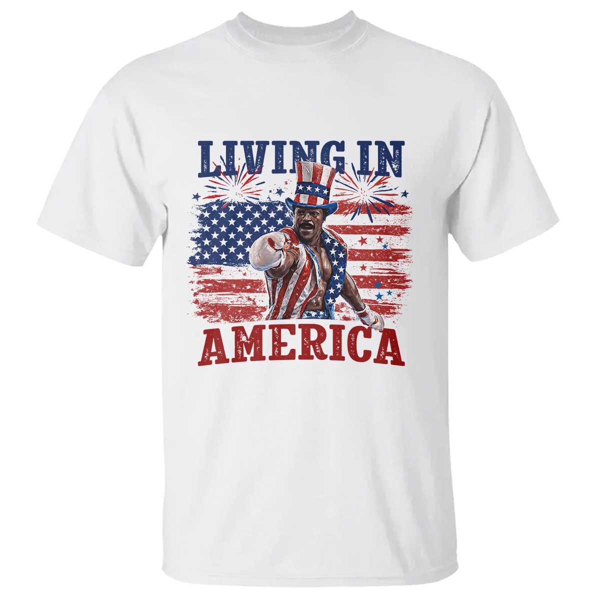 Living In America Funny Patriotic Heavyweight Boxer T Shirt Vintage Distressed Flag Uncle Sam Hat Boxing Champion