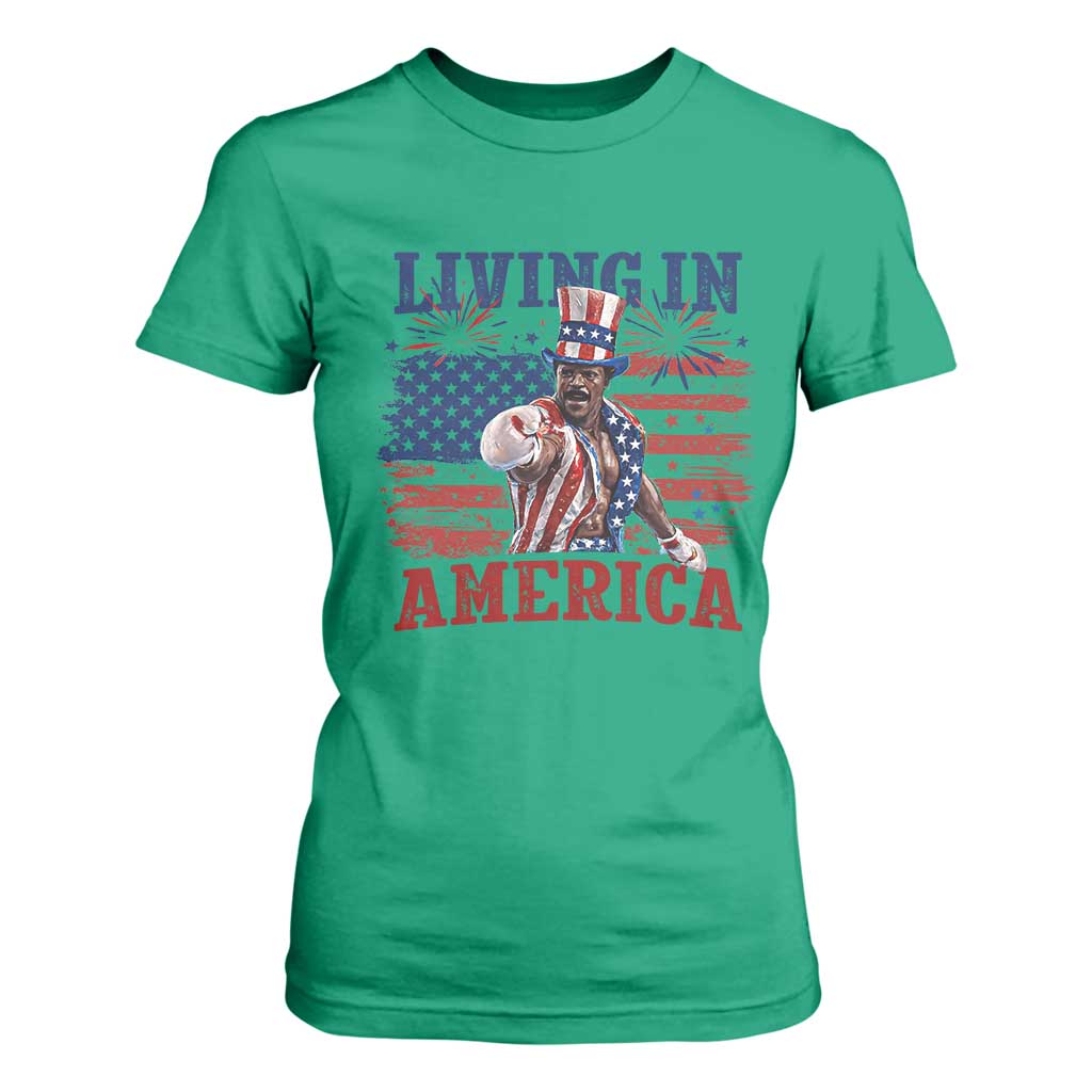 Living In America Funny Patriotic Heavyweight Boxer T Shirt For Women Vintage Distressed Flag Uncle Sam Hat Boxing Champion