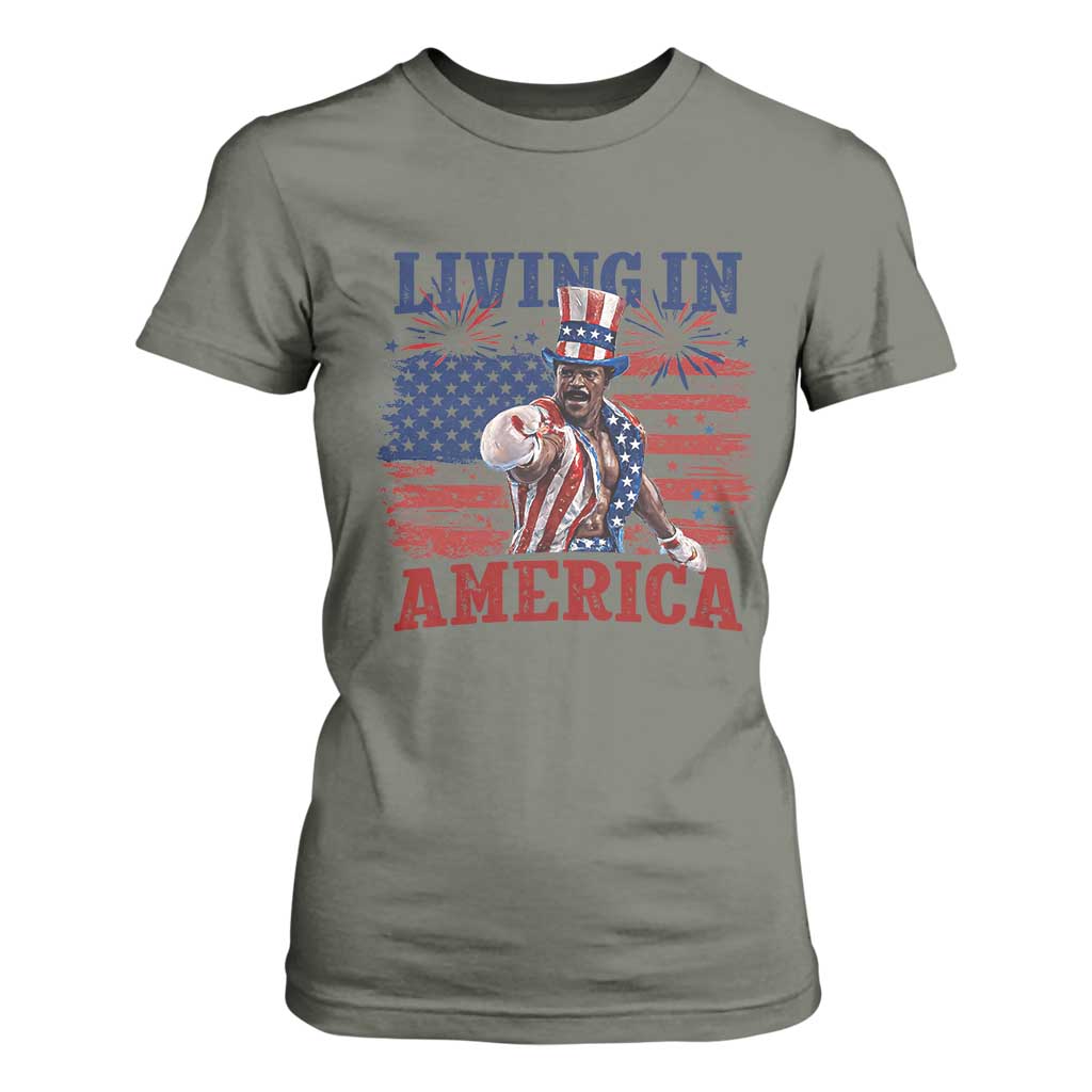 Living In America Funny Patriotic Heavyweight Boxer T Shirt For Women Vintage Distressed Flag Uncle Sam Hat Boxing Champion