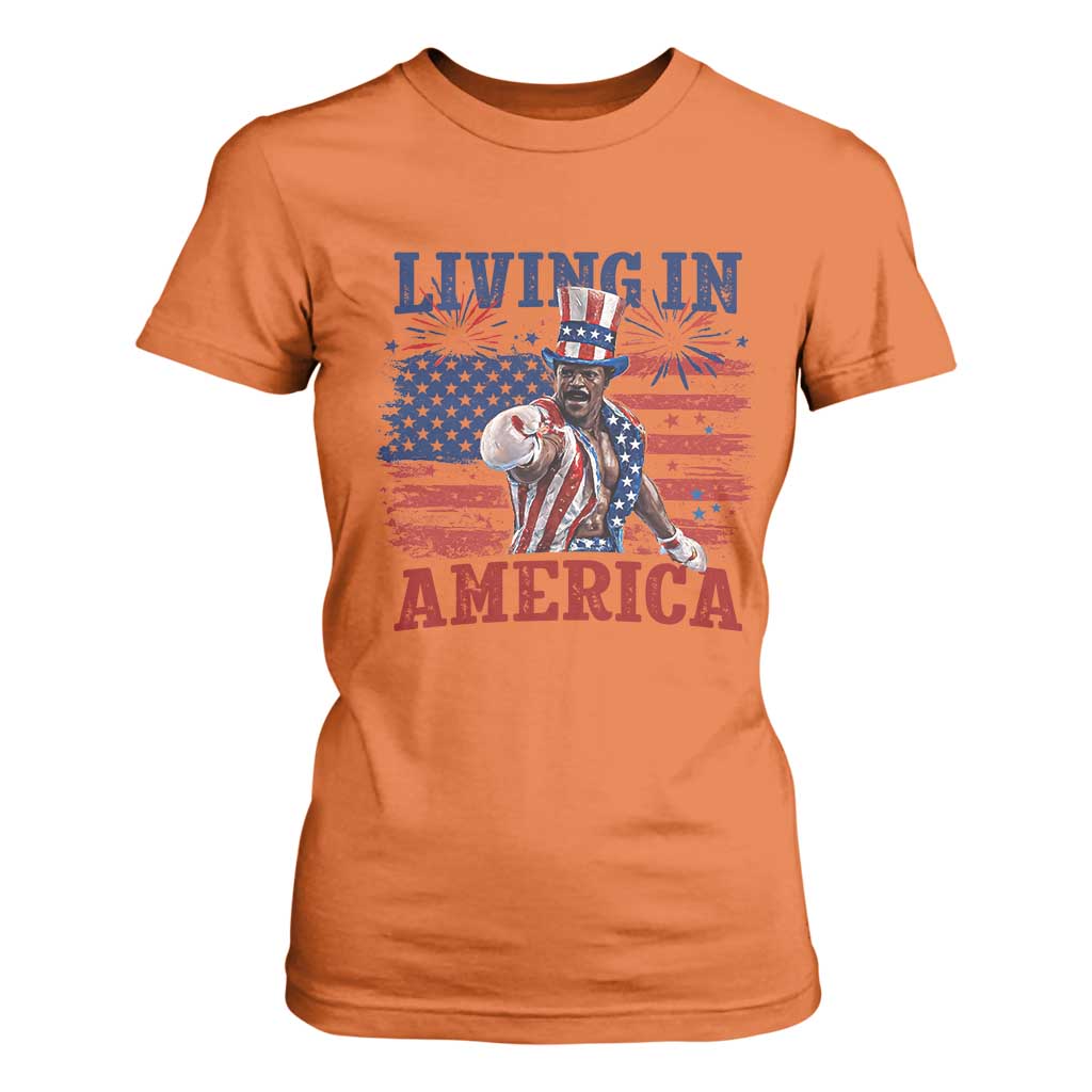 Living In America Funny Patriotic Heavyweight Boxer T Shirt For Women Vintage Distressed Flag Uncle Sam Hat Boxing Champion