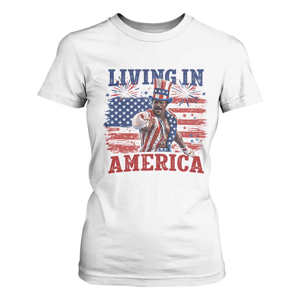Living In America Funny Patriotic Heavyweight Boxer T Shirt For Women Vintage Distressed Flag Uncle Sam Hat Boxing Champion