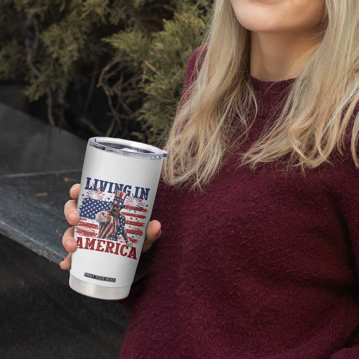 Living In America Funny Patriotic Heavyweight Boxer Tumbler Cup Vintage Distressed Flag Uncle Sam Hat Boxing Champion
