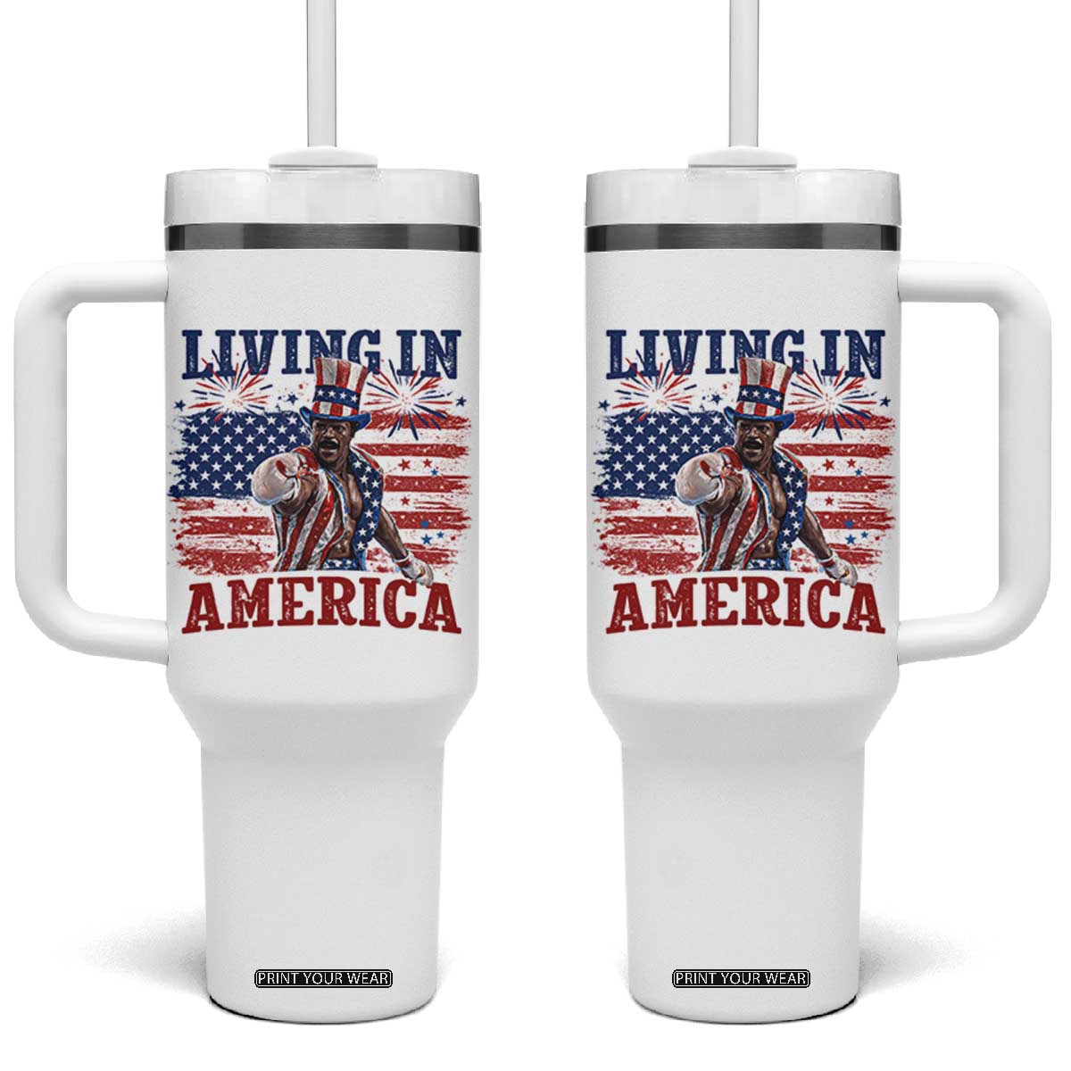 Living In America Funny Patriotic Heavyweight Boxer Tumbler With Handle Vintage Distressed Flag Uncle Sam Hat Boxing Champion