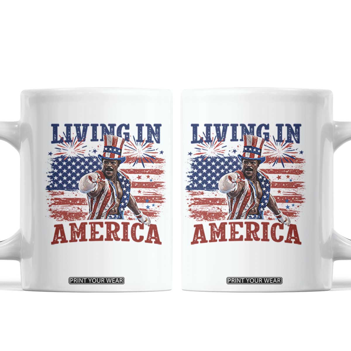 Living In America Funny Patriotic Heavyweight Boxer Coffee Mug Vintage Distressed Flag Uncle Sam Hat Boxing Champion