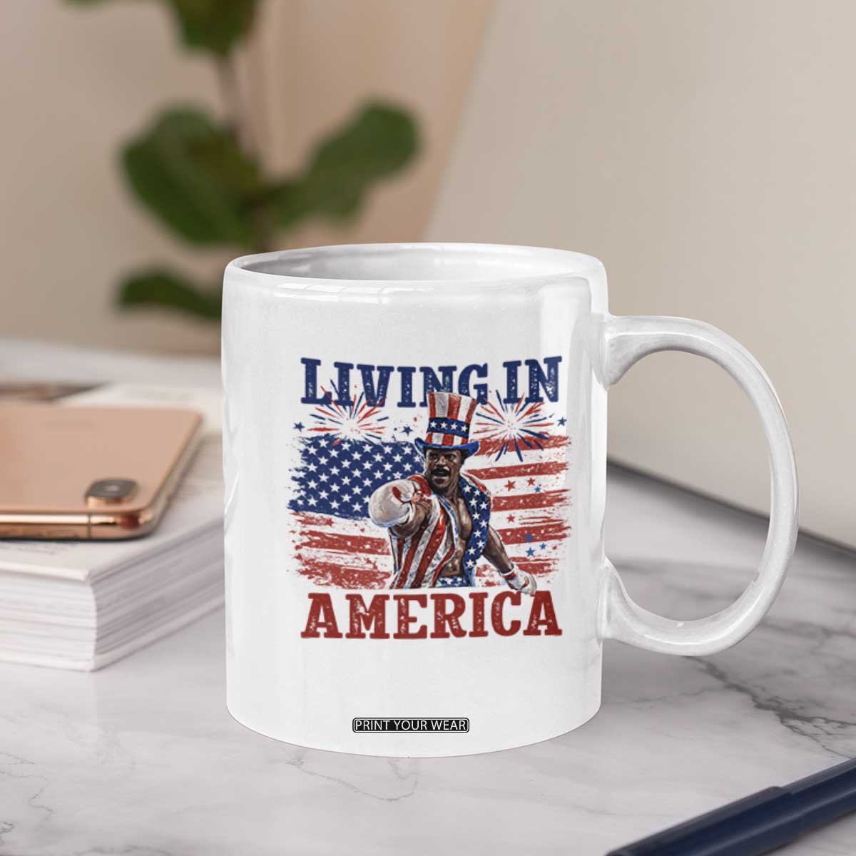 Living In America Funny Patriotic Heavyweight Boxer Coffee Mug Vintage Distressed Flag Uncle Sam Hat Boxing Champion