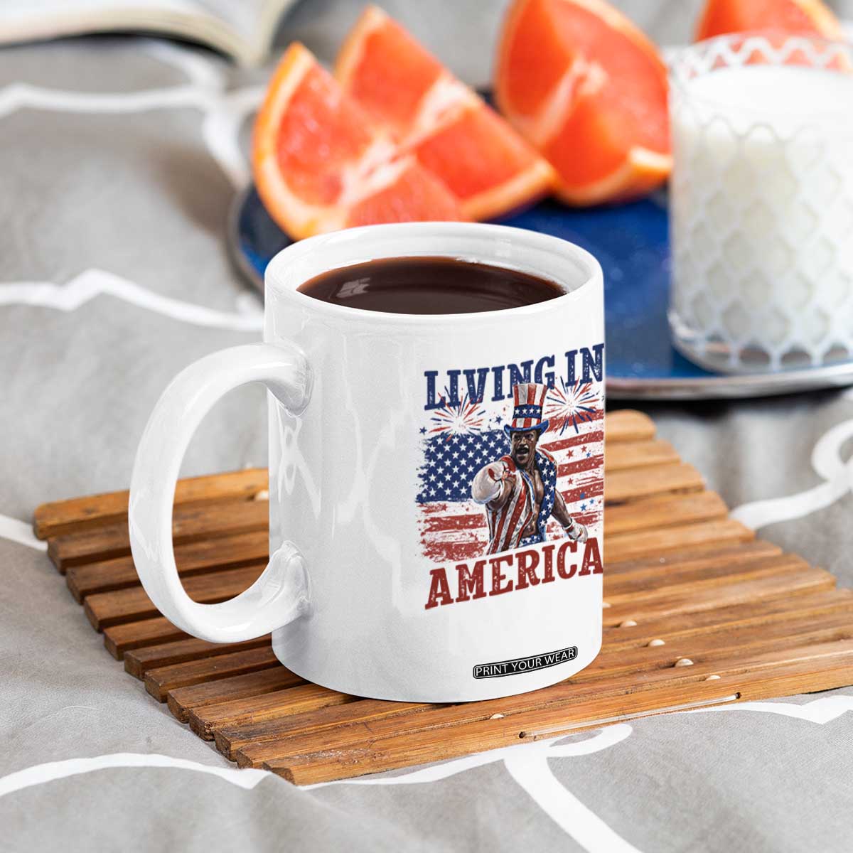 Living In America Funny Patriotic Heavyweight Boxer Coffee Mug Vintage Distressed Flag Uncle Sam Hat Boxing Champion